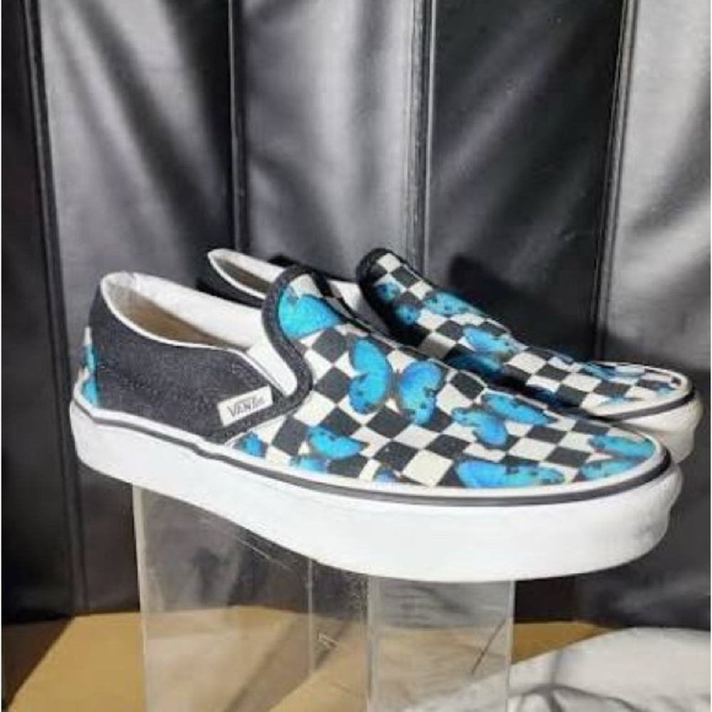 Vans Blue Butterfly Checkered Slip-On Shoes
